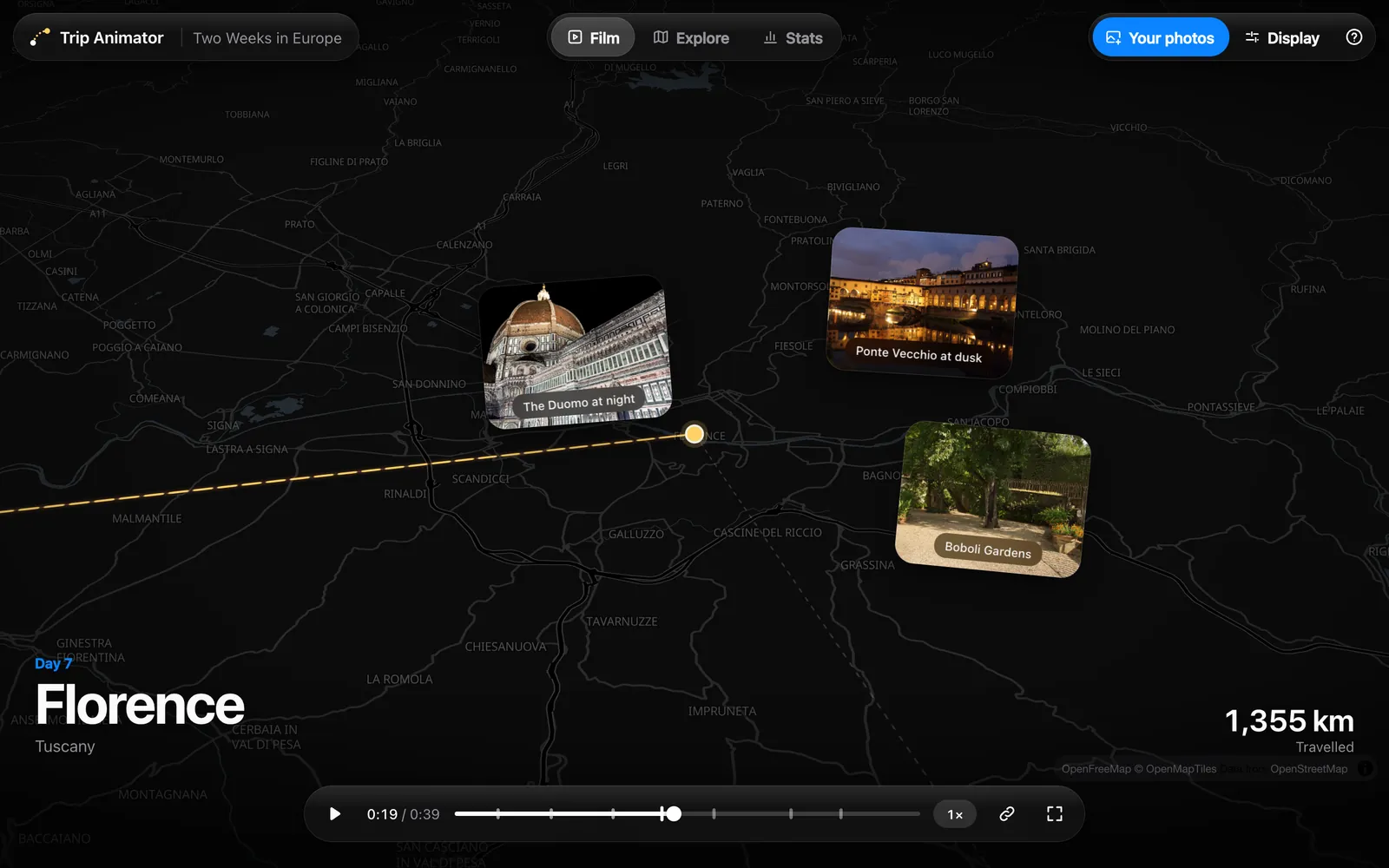Trip Animator playing a two-week trip across Europe: a dotted route arriving in Florence on a dark map, three photos of the city fanned around the pin, with Film, Explore and Stats views along the top.